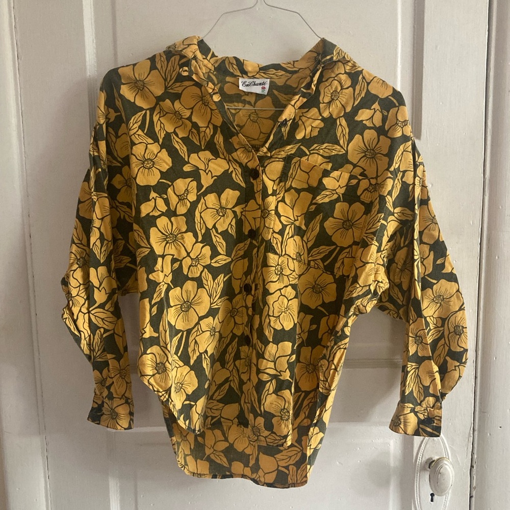 Vintage 70s Yellow Floral Button Up Blouse